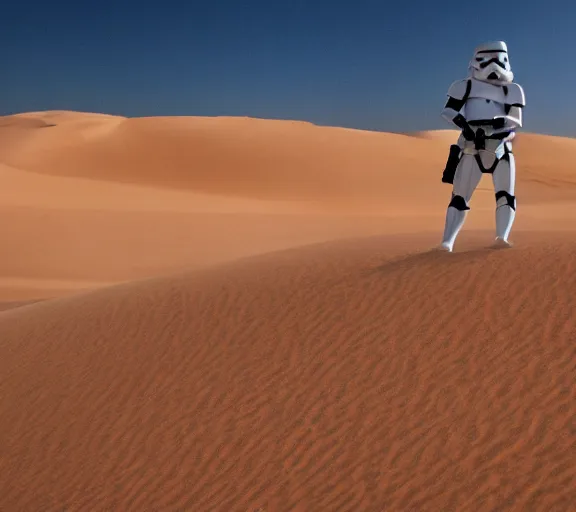 Image similar to a star wars stormtrooper in the desert, dunes, sun, haze