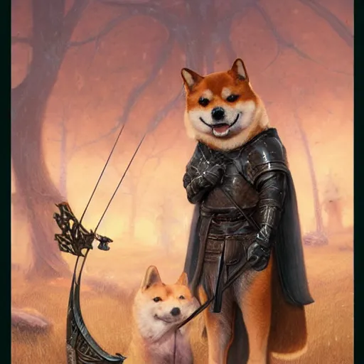 Image similar to anthropomorphic shiba inu, holding medieval crossbow, medieval armor, dark aura, fantasy, dark graveyard scene, portrait art by donato giancola and greg rutkowski, realistic face, digital art, trending on artstation, symmetry