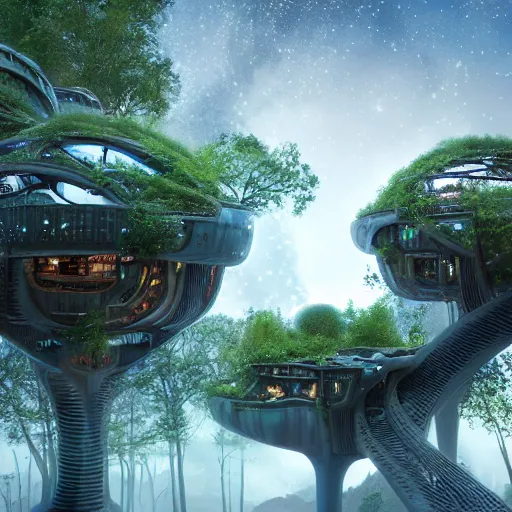 Image similar to futuristic treehouse by Jim Burns, fine art, digital art, cinematic lighting, hyperdetailed, 8k, high resolution, insanely detailed and intricate, unreal engine, octane render