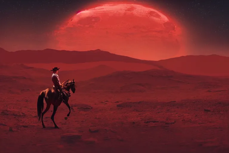 Image similar to Long shot of an old western cowboy riding a horse on mars looking at camera, distant background, red lighting, ominous, gloomy, moonlight, bokeh, depth of field, synthwave, psychedelic, glitch, acrylic, flooko, detailed, cybernetic, sci-fi, glows,