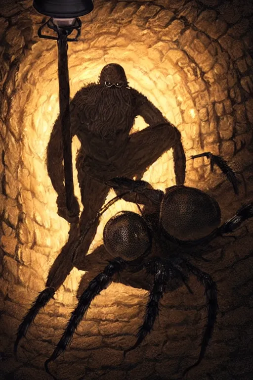 Prompt: a close - up view of an old - fashioned explorer holding a lamp in front of him in a dark tunnel, with an enormous monstrous spider behind him, dramatic lighting, low angle, wide angle, fantasy art, highly detailed digital art