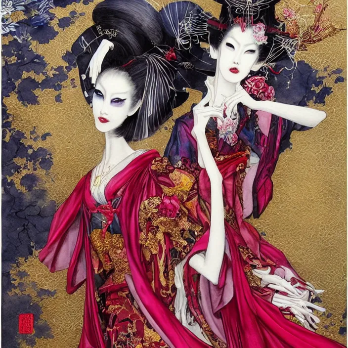 Image similar to watercolor painting of avant - garde portrait of an asian bjd geisha vampire queen with a long neck in a victorian red dress painted by yoshitaka amano, daniel merriam, ayami kojima, intricate detail, artstation, artgerm, in the style of dark - fantasy, rococo, gold leaf art