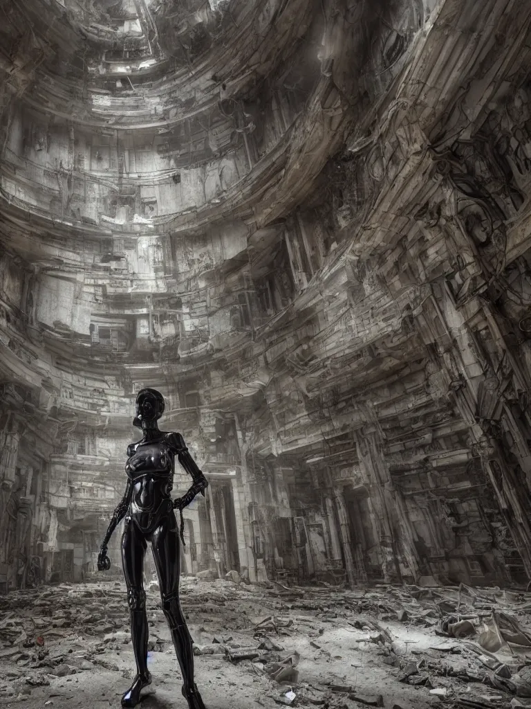 Prompt: portrait of a cyborg lady statue, standing in a hall of abandoned ancient megacomplex; hyperrealistic, 4K wallpaper, cinematic lighting, highly detailed and beautiful