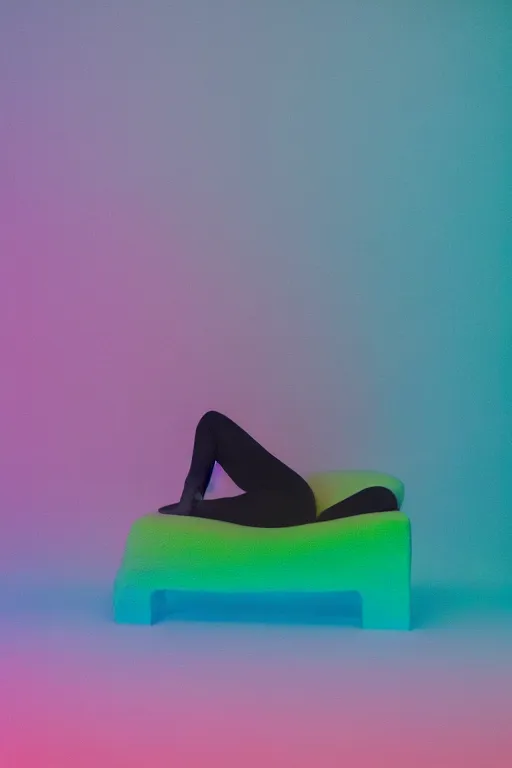 Prompt: high quality pastel coloured film photograph of a model wearing clothing resting on cloud furniture in a nordic black rock environment in a partially haze filled dreamstate world. three point light, rainbow. photographic production. art directed. pastel colours. volumetric clouds. pastel gradient overlay. waves glitch artefacts. 8 k. filmic.