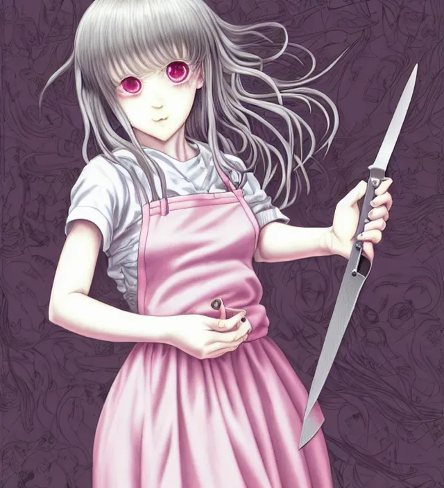 Image similar to portrait of a morbid 18 year old young woman wearing a dress of the soft aesthetic with wavy long hair, in a butcher shop, queen of sharp razorblades holds a single small sharp blade or a razor her hand and shows it to the user, in the style of Range Murata and by Katsuhiro Otomo and Yoshitaka Amano.