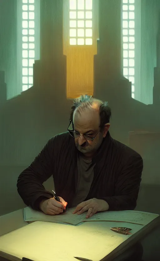 Image similar to portrait of salman rushdie writing in the dark, deep focus, blade runner 2 0 4 9, fantasy, intricate, elegant, highly detailed, digital painting, artstation, concept art, matte, sharp focus, illustration, art by artgerm and greg rutkowski and alphonse mucha