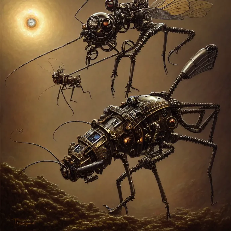 Image similar to steampunk robot mosquito, unreal engine realistic render, 8 k, micro detail, intricate, elegant, highly detailed, centered, digital painting, artstation, smooth, sharp focus, illustration, artgerm, tomasz alen kopera, peter mohrbacher, donato giancola, joseph christian leyendecker, wlop, boris vallejo