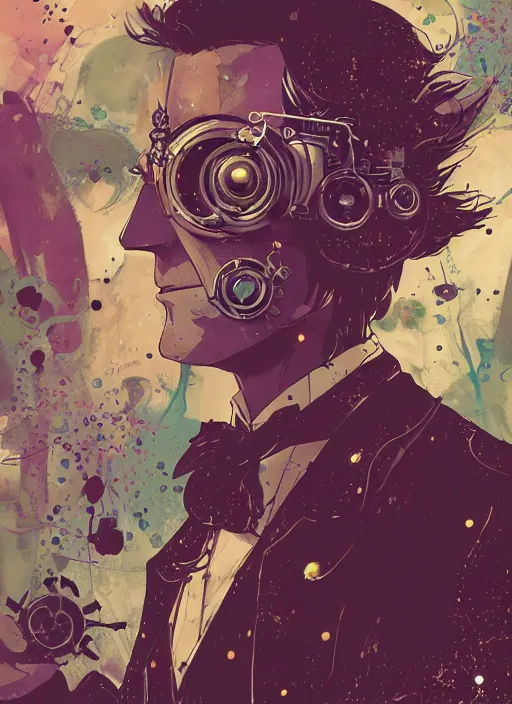 Image similar to arrogant elegant man travels through time via steampunk portals, pixiv fanbox, dramatic lighting, maximalist pastel color palette, splatter paint, pixar and disney exploded - view drawing, graphic novel by fiona staples and dustin nguyen, peter elson, alan bean, wangechi mutu, clean cel shaded vector art, trending on artstation