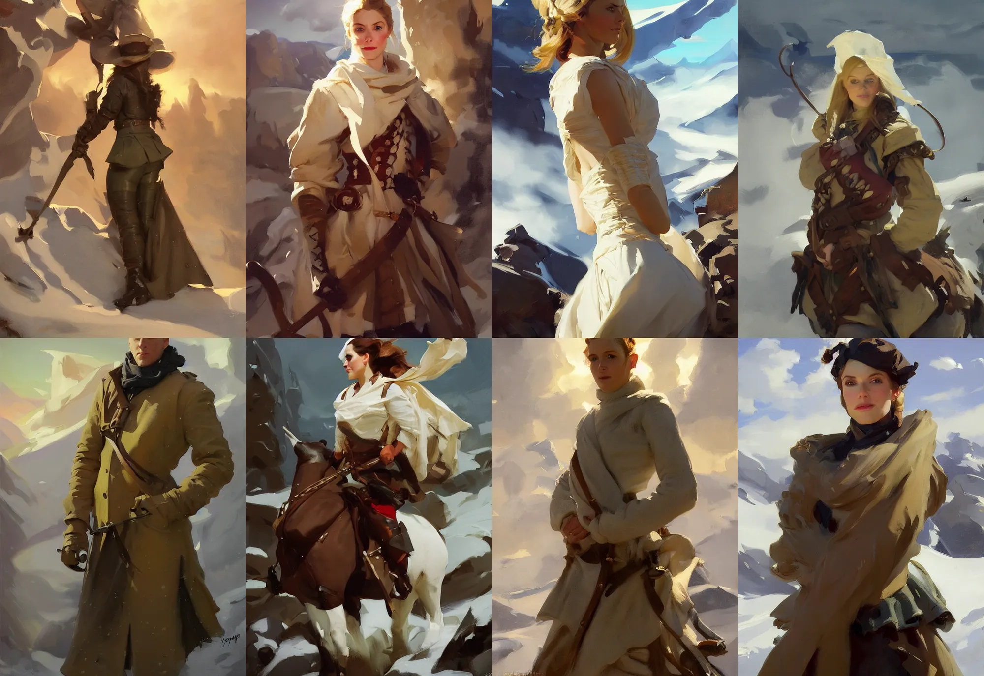 Image similar to portrait of ireland norway model girl jodhpurs hyperborea winter traveler treasure hunter greg manchess painting by sargent and leyendecker, fantasy, medium shot, asymmetrical, intricate, elegant, matte painting, illustration, hearthstone, by rhads, by greg rutkowski, by greg tocchini, by james gilleard, by joe fenton