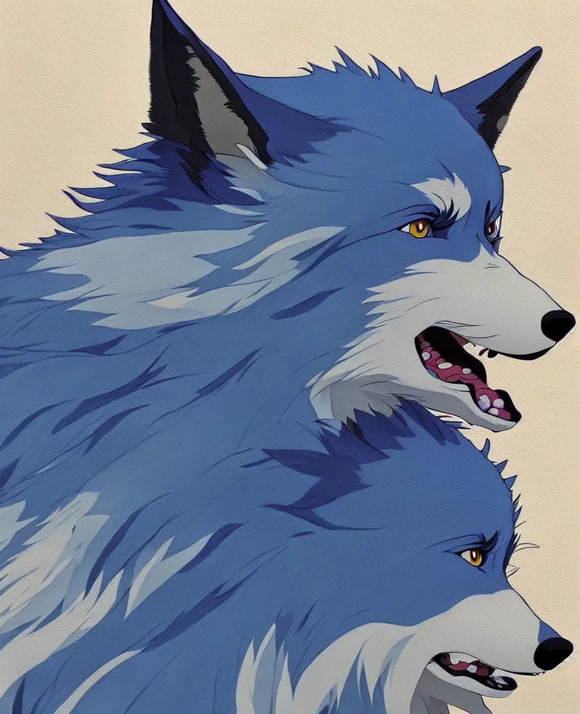 Image similar to beautiful painting from the anime film by studio ghibli, a blue anthropomorphic wolf creature petting a tiny border collie , trending on artstation