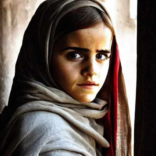 Image similar to photo of emma watson, afghan girl, award - winning photo by national geographic