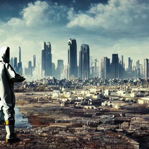 Prompt: a beautiful award-winning photo of the last man on Earth wearing a cybernetic hazmat suit, serene idyllic post-nuclear background, skyline of a derelict city in the background, volumetric lighting, very high quality, extremely detailed, subtle visual noise, 8K