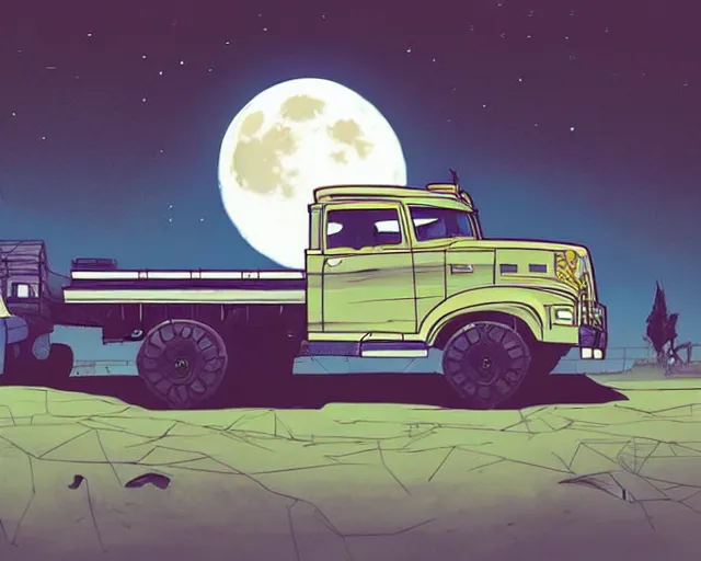 Prompt: a study of cell shaded cartoon huge truck limousine, in front of a big moon, illustration, wide shot, muted colors, post grunge, concept art by josan gonzales and wlop, david rubin, mike mignola, laurie greasley, highly detailed, sharp focus, trending on artstation, hq, deviantart, art by artgem