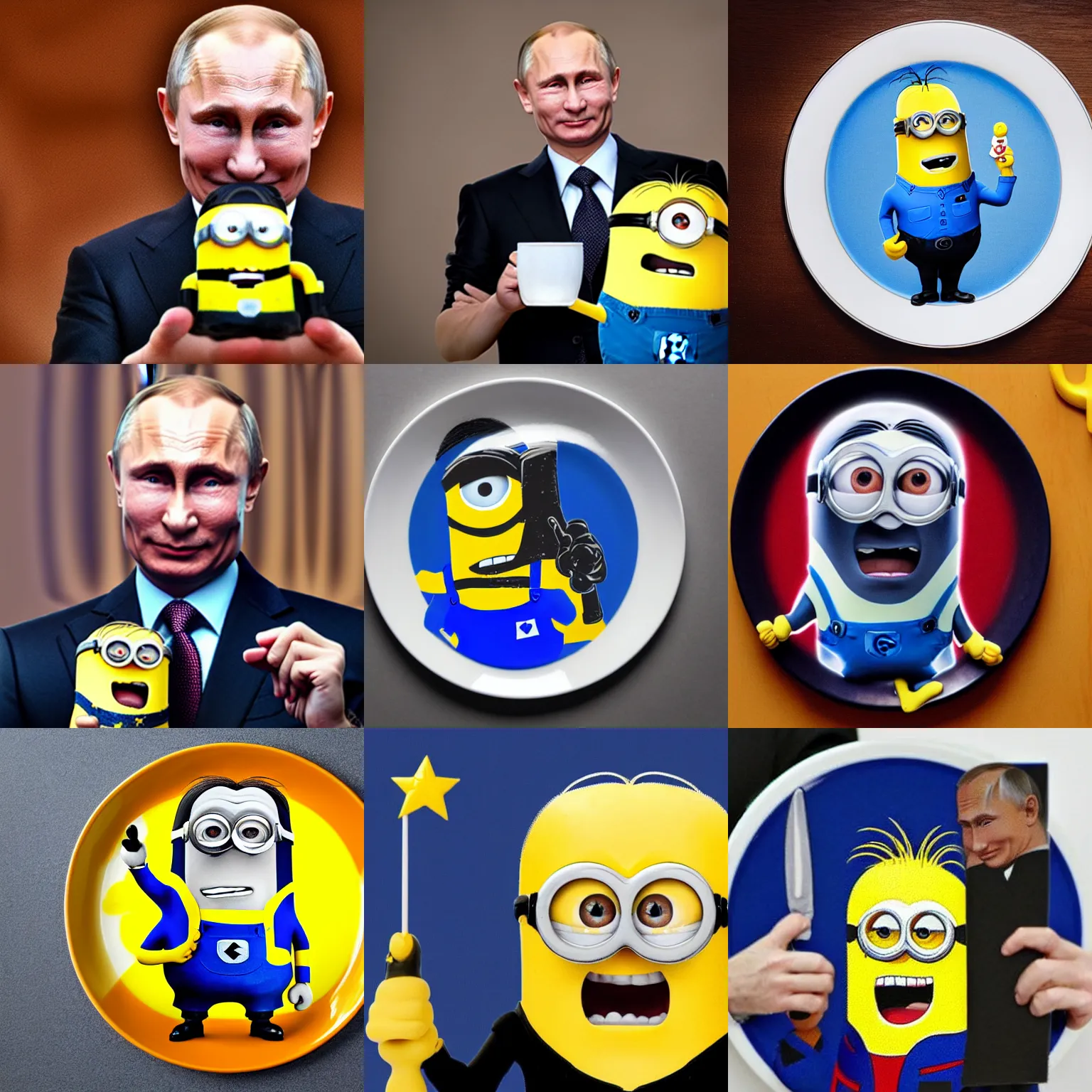 Prompt: vladimir putin holding a minion on a plate, highly detailed