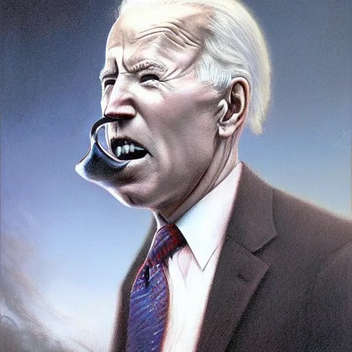 Image similar to presidential portrait of joe biden with shadowy mist pouring from mouth and nose as slenderman, by beksinski, jon mcnaughton, and stephen gammell