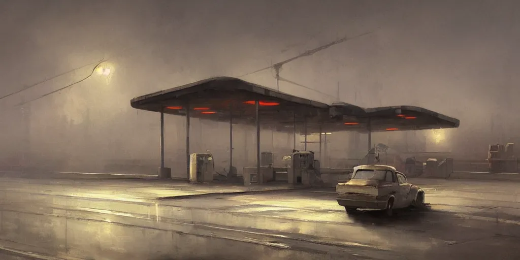 Prompt: a highly detailed epic cinematic concept art CG render digital painting artwork: Soviet gas station, fog. By Greg Rutkowski, in the style of Francis Bacon and Syd Mead and Norman Rockwell and Beksinski, open ceiling, highly detailed, painted by Francis Bacon and Edward Hopper, painted by James Gilleard, surrealism, airbrush, Ilya Kuvshinov, WLOP, Stanley Artgerm, very coherent, triadic color scheme, art by Takato Yamamoto and James Jean