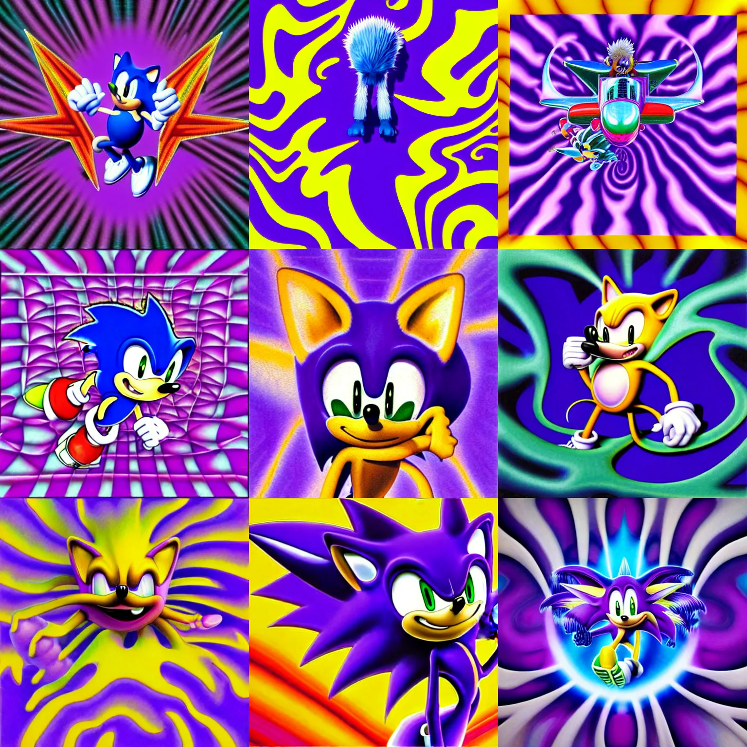 Image similar to surreal, faded, totally radical detailed professional, high quality airbrush art MGMT album cover of a liquid dissolving LSD DMT sonic the hedgehog on a flat purple checkerboard plane, 1990s 1992 prerendered graphics raytraced phong shaded album cover