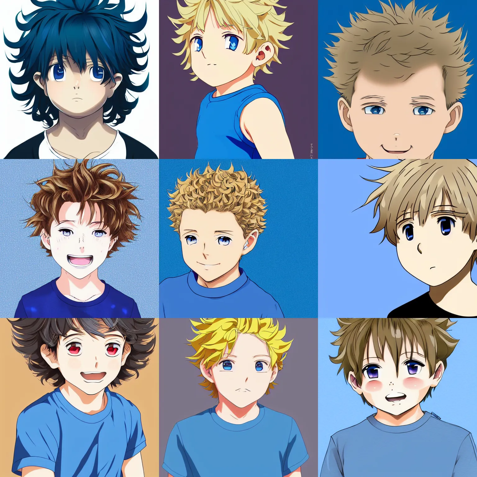 Prompt: A medium shot anime portrait of a young smiling anime boy child with extremely short curly wavy blonde hair and blue eyes, buzzed sides, blue-eyed, chubby face, very young, little boy, medium shot portrait, curly and short top hair, curls, his whole head fits in the frame, solid color background, flat anime style shading, head shot, 2d digital anime drawing by Stanley Artgerm Lau, WLOP, Rossdraws, James Jean, Andrei Riabovitchev, Marc Simonetti, and Sakimi chan, trending on artstation