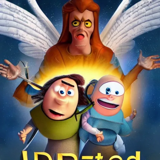 Prompt: God and the host of angels depicted as demented Pixar characters, knock-offs, fake-lore, warfare, celestial forces, unbeatable odds