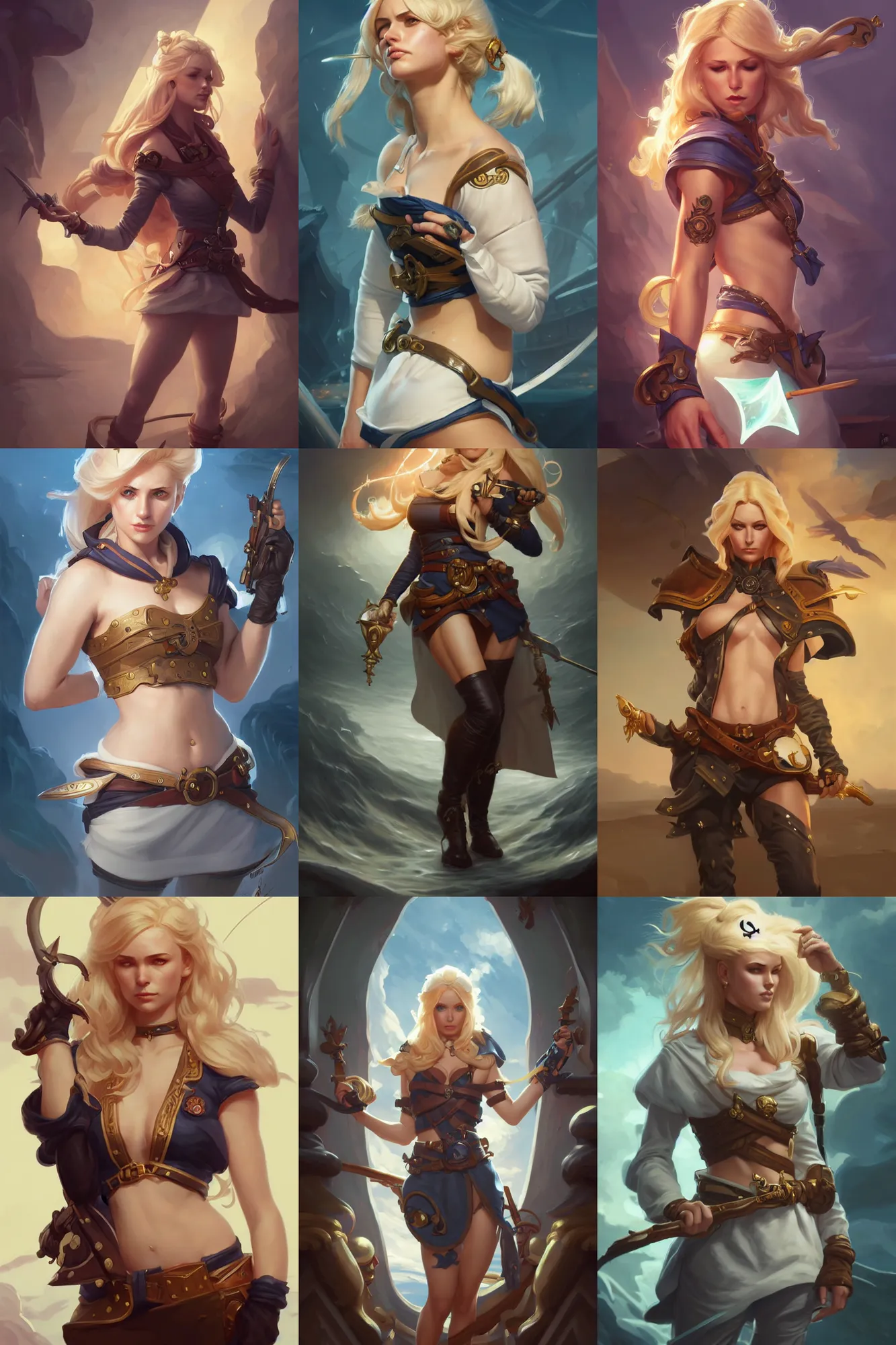 Prompt: female sailor, full body shot, eyepatch, blonde, d & d, fantasy, intricate, intimidating, highly detailed, digital painting, artstation, concept art, matte, sharp focus, illustration, hearthstone, art by artgerm and greg rutkowski and alphonse mucha