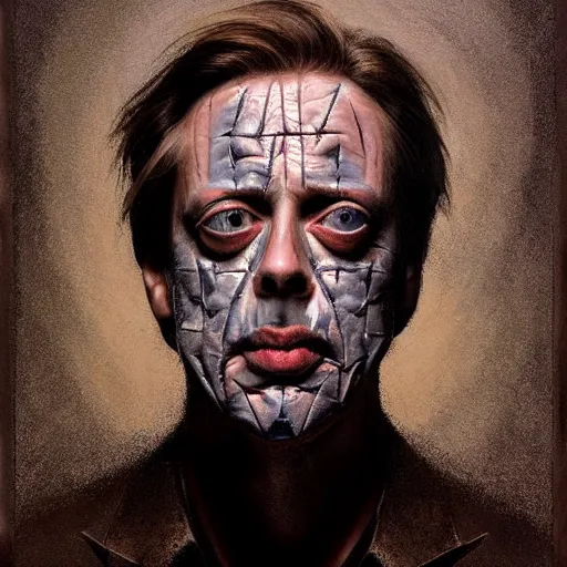 Image similar to hyperrealistic mixed media high resolution painting of Steve Buscemi !!Hellraiser!!, stunning 3d render inspired art by Jamie Salmon and István Sándorfi and Greg Rutkowski, perfect facial symmetry, dim volumetric lighting, 8k octane beautifully detailed render, full body shot, post-processing, extremely hyper-detailed, intricate, epic composition, highly detailed attributes, highly detailed atmosphere, cinematic lighting, masterpiece, trending on artstation, very very detailed, masterpiece, stunning, flawless completion, lifelike texture, perfection,