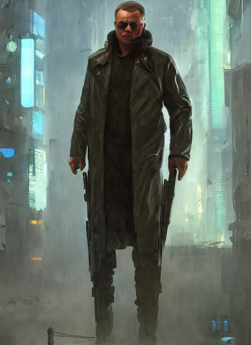 Image similar to Modern Teddy Roosevelt. Cyberpunk hitman in tactical gear. plastic raincoat. blade runner 2049 concept painting. Epic painting by James Gurney, Azamat Khairov, and Alphonso Mucha. ArtstationHQ. painting with Vivid color. (rb6s, Cyberpunk 2077)