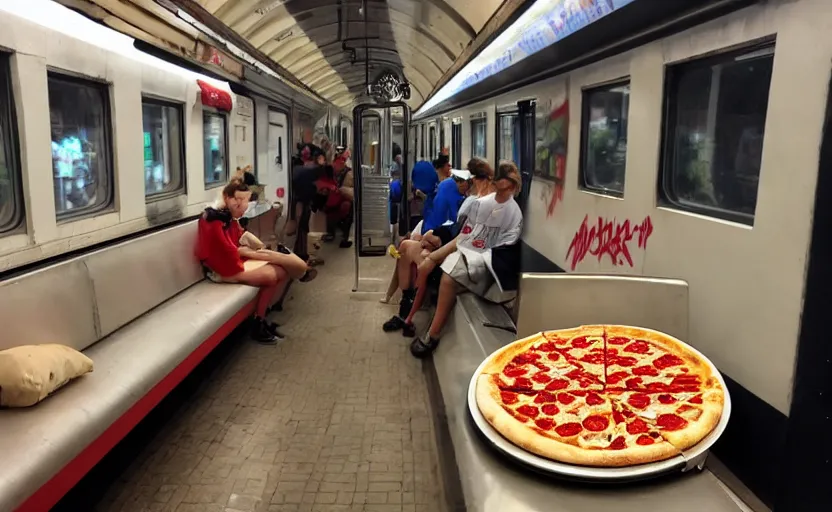 Prompt: pizza, as graffiti on a train