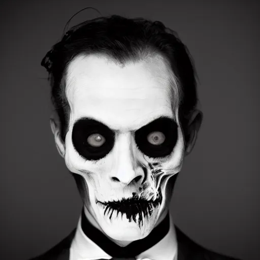 Image similar to a beautiful fashion portrait photograph of a friendly good looking zombie in a tuxedo, studio harcourt, black and white, fashion photography, paolo roversi, richard avedon, chiaroscuro, trending on artstation,