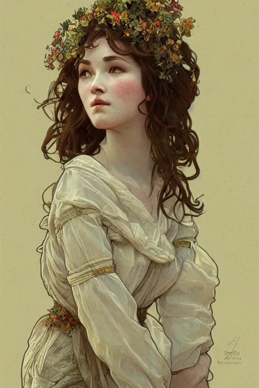 Image similar to beautiful natural coy cottagecore peasant maiden life drawing, intricate, elegant, highly detailed, digital painting, artstation, concept art, smooth, sharp focus, illustration, art alphonse mucha and james gurney and wlop
