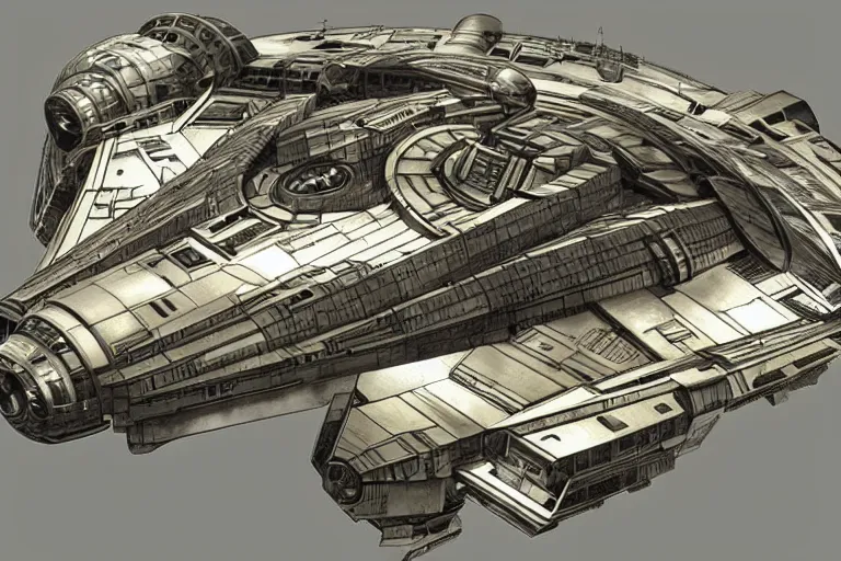 Image similar to the millenium falcon built from organic components, soft, sharp focus, detailed, sci-fi, hyperrealism, concept art by artgerm and Alphonse Mucha and Moebius