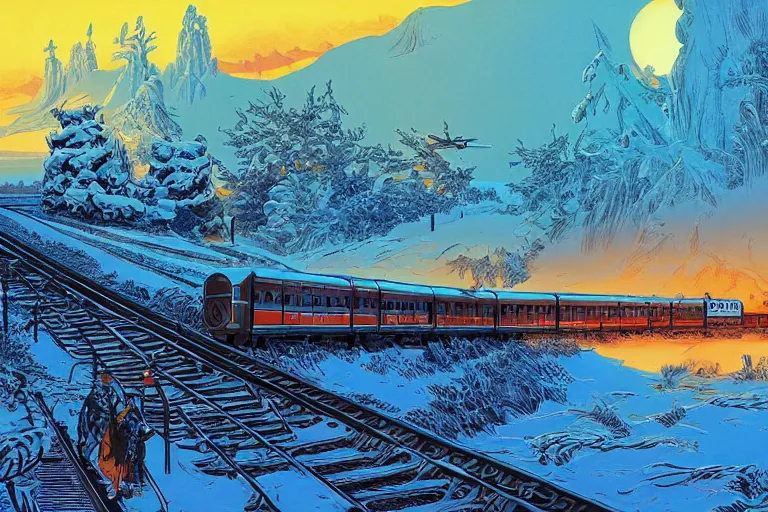 Image similar to trans - siberian express train illustration by joe fenton and syd mead and p. craig russell and barry windsor - smith, artstation, 4 k, graphic novel, concept art, matte painting, beautiful russian winter landscape sunset background, golden hour, art nouveau