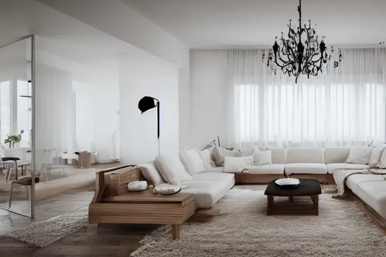 Image similar to Minimalistic Livingroom with a staircase, wooden floor, white L shaped couch, wooden coffee table, Big chandelier, Big Windows, 8k Realistic