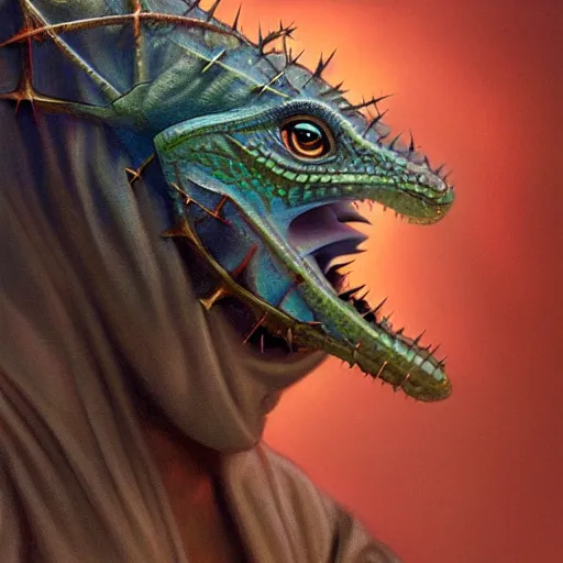 Image similar to portrait of a lizard as jesus, surrealist, crown of thorns, cross, christianity, intricate, elegant, highly detailed, centered, grungy, digital painting, artstation, concept art, smooth, sharp focus, boris vallejo