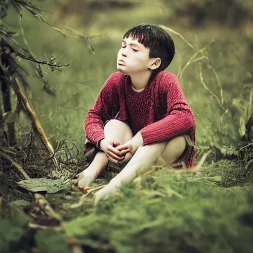 Prompt: A sad child, near forest, outdoors, photograph, f2.8, dramatic, award-winning, large format