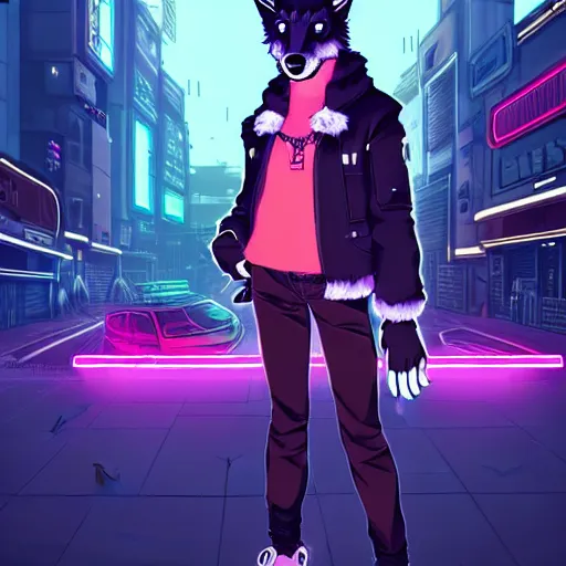 Prompt: beautiful furry digital art portrait commission of an androgynous furry anthro wolf fursona wearing punk clothes in the streets of a cyberpunk city. neon signs. character design by charlie bowater, ross tran, artgerm, and makoto shinkai, detailed, inked