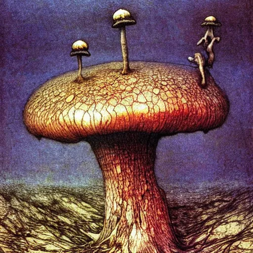 Image similar to strange mushroom by beksinski, luis royo and arthur rackham