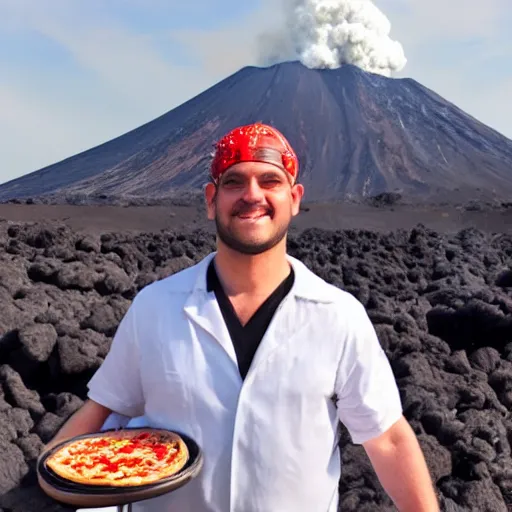 Image similar to an evil pizza cook standing in front of a volcano, streams of lava, smoke, fire, pizza margherita