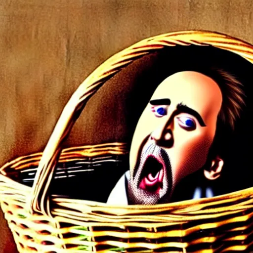 Image similar to nicolas cage with a wicker basket over head screaming with a mouth full of peas