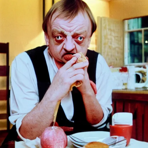 Prompt: mark e smith sitting at a table eating a big stack of pancakes, fork and knife in hand, drooling and licking his lips, photograph