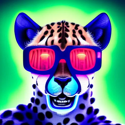 Prompt: commission portrait of a male anthro cheetah wearing a neon cyberpunk jacket and neon sunglasses.dramatic,character design by charles bowater,greg rutkowski,ross tran,hyperdetailed,hyperrealistic,4k,deviantart,artstation,professional photography,concept art