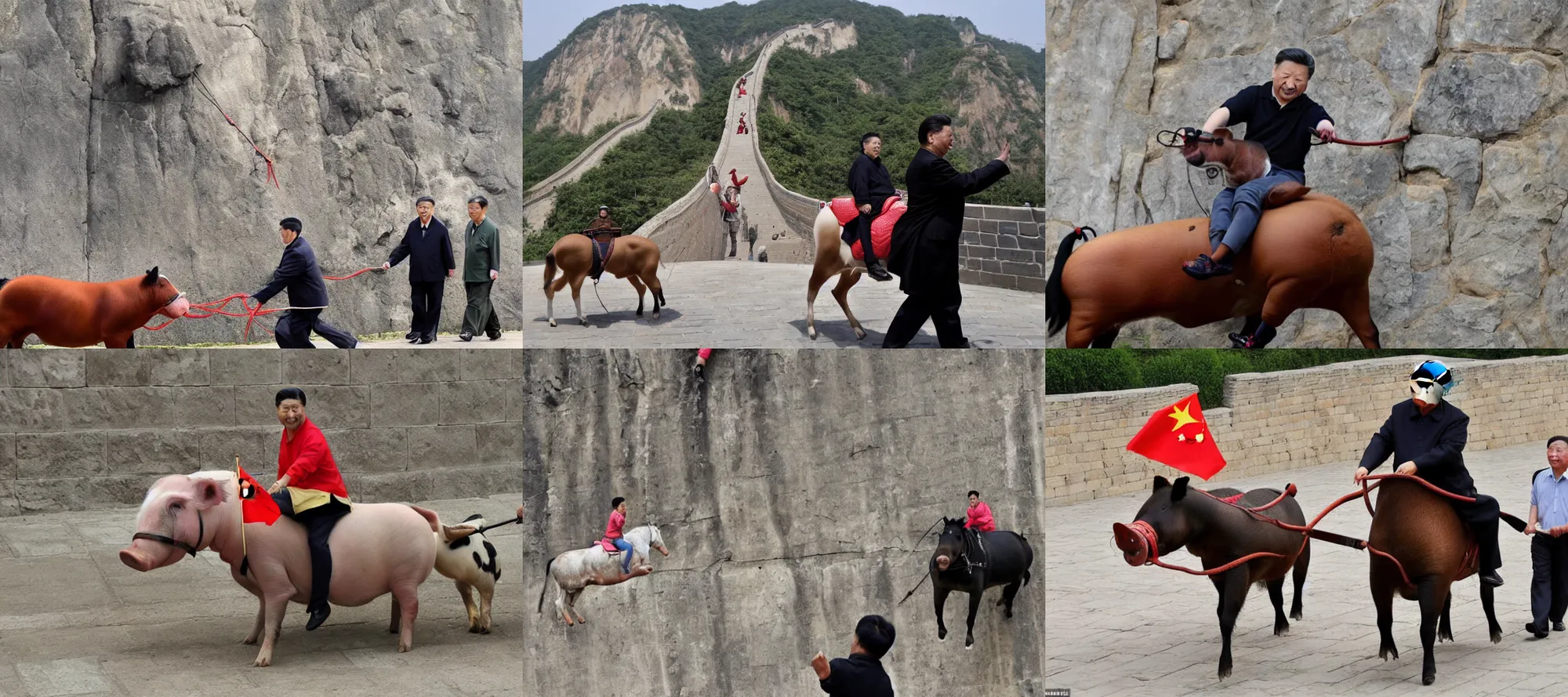Prompt: Xi Jinping ridding a horse-sized pig on the Chinese Wall
