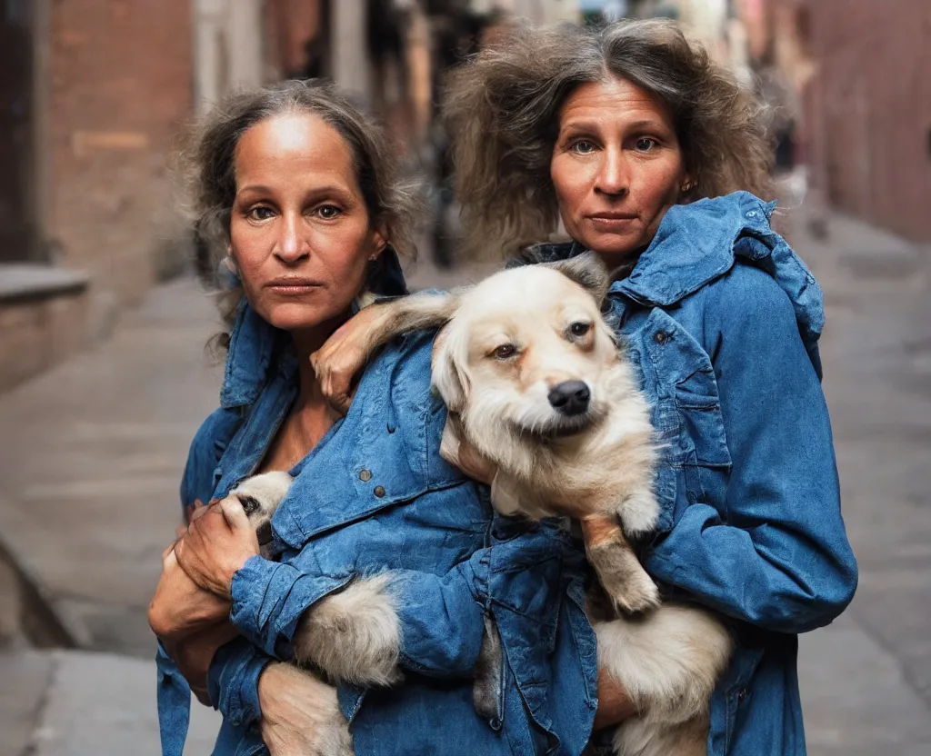 Image similar to closeup portrait of beautiful woman carrying a dog, smoky new york back street, by annie leibovitz and steve mccurry, natural light, detailed face, canon eos c 3 0 0, ƒ 1. 8, 3 5 mm, 8 k, medium - format print