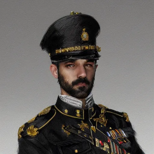 Image similar to portrait of stoic looking miniature schnauzer, military uniform, black fir, white eyebrows, fantasy, intricate, elegant, highly detailed, centered, dark, smokey, digital painting, artstation, concept art, smooth, sharp focus, illustration, art by artgerm and greg rutkowski and alphonse mucha