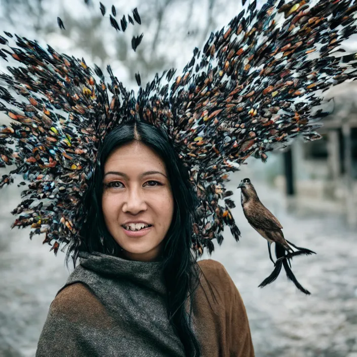 Image similar to a closeup portrait of a woman wearing a cloak made of birds, in an abandoned theme park, by omar z. robles, canon eos c 3 0 0, ƒ 1. 8, 3 5 mm, 8 k, medium - format print