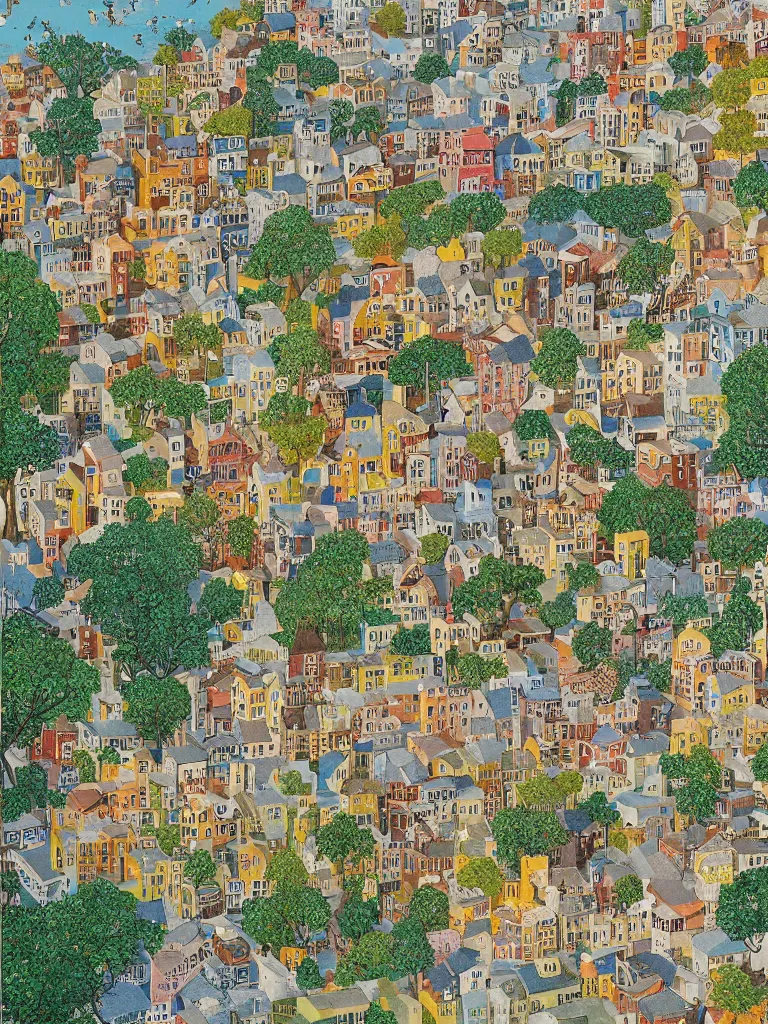 Prompt: an elaborate and dense painting of a peaceful neighborhood, detailed, made of alcohol ink on parchment and penned illustrations, by wes anderson and geoff darrow