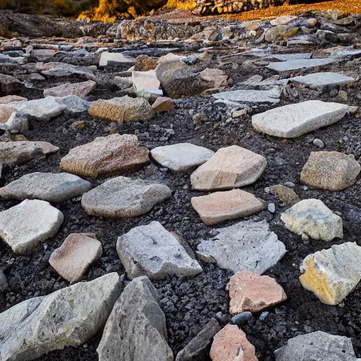 Image similar to stone quarry bottom-up view of dirty stones in a quarry of different fractions in the evening light ultra detailed by Emmanuel Lubezki, golden hour, atmospheric lighting, 8k resolution, best color graded, vray beautiful, hyper-realistic render W 1920 H 1080