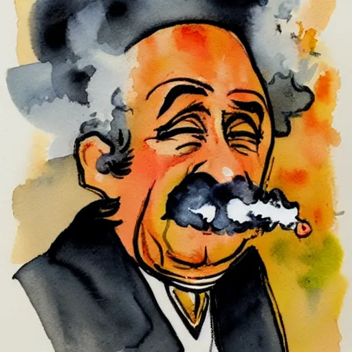 Prompt: portrait of very old gray - haired mexican magician smoking, lots of smoke. watercolor with pancil by hugo pratt.