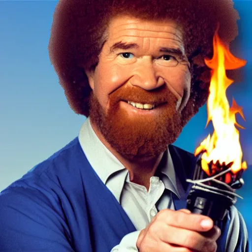 Prompt: bob ross holding a flame thrower