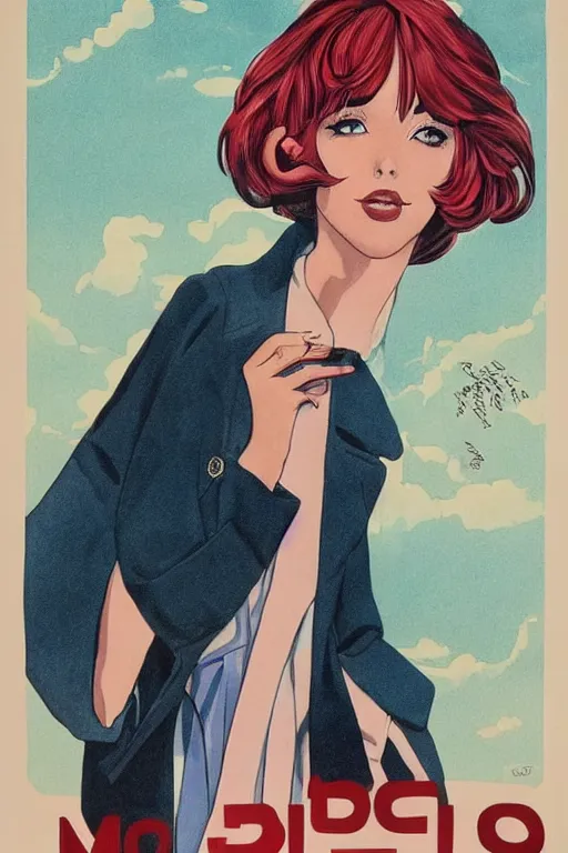 Prompt: A beautiful sky girl with a very stylish trenchcoat by Moebius, bob cut hair, movie poster