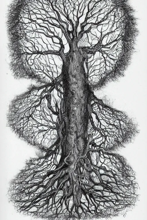 Image similar to a drawing of a tree with its roots in the water, an illustration of by edgar schofield baum, haeckel and alasdair gray, featured on deviantart, ecological art, photoillustration, fractalism, storybook illustration